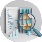 Icono de cumplimiento normativo en gestión documental con lupa y documentos.