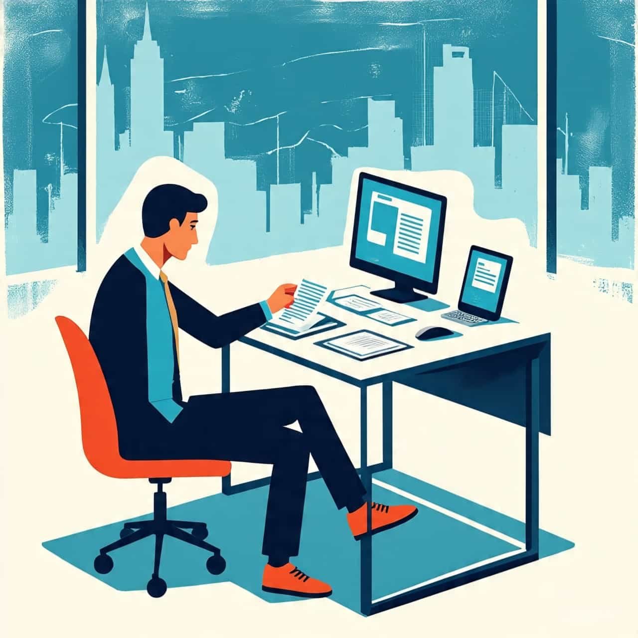 Profesional gestionando información en oficina con ordenador y documentos, simbolizando la estrategia archivística.